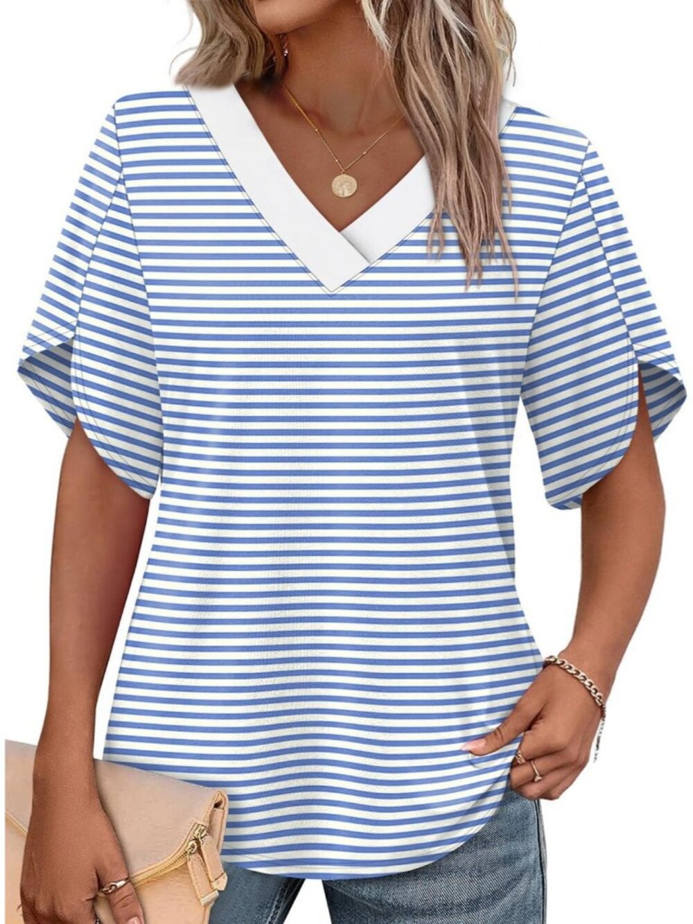Women's Striped 01 Elegant V Neck Short Petal Sleeve Shirts Summer Flair Tops